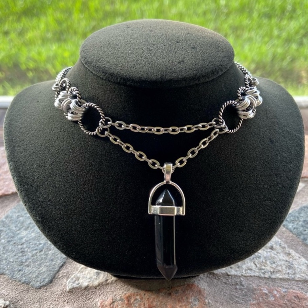 Handmade maille choker & Black obsidian bullet charm boho necklace
